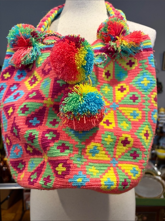 Mochilla Handbags - Colorful Handwoven Mochila Style Tote Bag Pom Pom Tassels Boho Festival